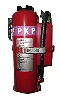 An 18&nbsp;lb (8.2&nbsp;kg) US Navy cartridge-operated purple-K dry chemical (potassium bicarbonate) extinguisher