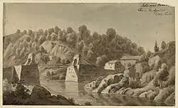 An 1839 illustration of the Chain Bridge, looking towards the Virginia side