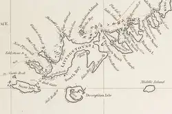Fragment of George Powell's 1822 chart of the South Shetland Islands, with a phantom island on the bottom-right called "Middle Island".
