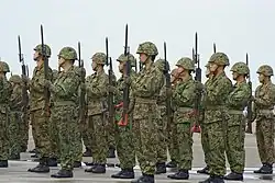 Japanese Ground Self Defense Force infantrymen with their Howa Type 64 with bayonet fixed.