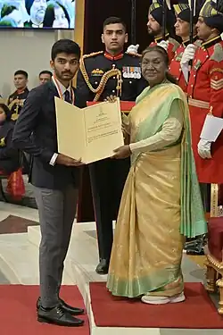 Gukesh Dommaraju, the reigning world chess champion,[444] receives India's highest sporting honour, the Dhyan Chand Award from India's president Droupadi Murmu, January 17, 2025.