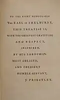 Dedication to Shelburne in volume I of Joseph Priestly's Experiments and Observations on Different Kinds of Air (1774)