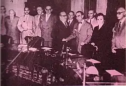 First meeting of the Junta's Civilian Advisory Board, 1955. Despite great pressure to the contrary, the board recommended that most of Perón's social reforms be kept in place.