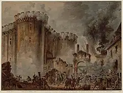 drawing of the Storming of the Bastille on 14 July 1789, smoke of gunfire enveloping stone castle