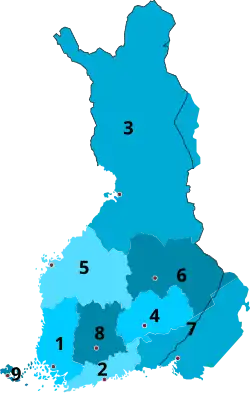 1918-1920/1921 1&nbsp;Turku and Pori 2&nbsp;Uusimaa 3&nbsp;Oulu 4&nbsp;Mikkeli 5&nbsp;Vaasa 6&nbsp;Kuopio 7&nbsp;Viipuri 8&nbsp;Tavastia 9&nbsp;Åland