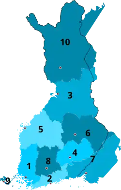 1938-1940; 1941–1944 &nbsp;&nbsp;1&nbsp;Turku and Pori &nbsp;&nbsp;2&nbsp;Uusimaa &nbsp;&nbsp;3&nbsp;Oulu &nbsp;&nbsp;4&nbsp;Mikkeli &nbsp;&nbsp;5&nbsp;Vaasa &nbsp;&nbsp;6&nbsp;Kuopio &nbsp;&nbsp;7&nbsp;Viipuri &nbsp;&nbsp;8&nbsp;Tavastia &nbsp;&nbsp;9&nbsp;Åland 10&nbsp;Lapland
