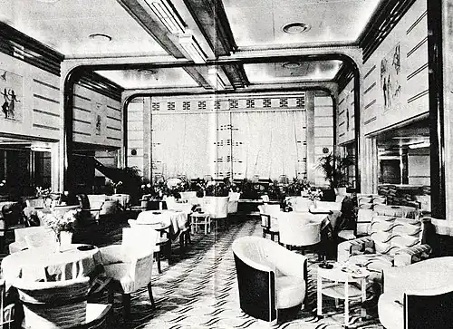 Cabin Class Dining Saloon photographed during the 1930's.
