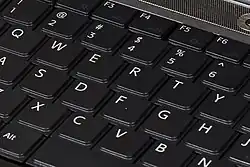 Close-up of the keys of a laptop's built-in keyboard; the keys are raised by a relatively small height
