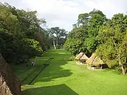 A flat, open grassy area bordered by trees with a few thatched rooves covering monuments and a path and drainage channel to the left