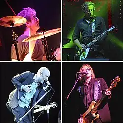 A collage of the four founding members of R.E.M., each performing on stage