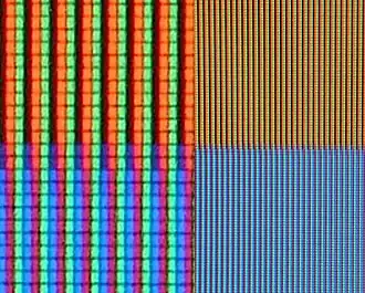 Tiny red, green and blue sub-pixels (enlarged on left side of image) create the colors you see on your computer screen and TV.