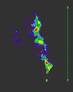 Radio map of the quasar 3C48 made from VLBA 1.4-GHz observations, made by uploader. Cross indicates core, arrow shows 0.5 arcsec.
