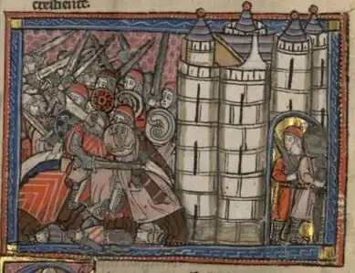 A dozen horsemen, each holding a sword and a shield at a fortress the gates of which are defended by foot soldiers