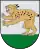 A coat of arms depicting a golden lynx with black spots, a red tongue, white teeth, and white claws standing on its back paws on green turf