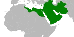 The Rashidun Caliphate at its greatest extent under Uthman, c. 654