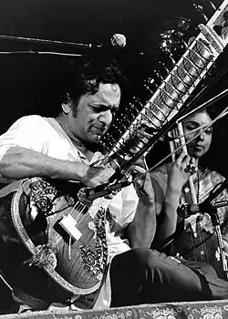 Ravi Shankar playing the sitar at the Woodstock music festival, 1972