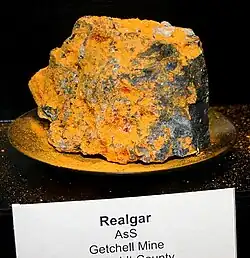 Realgar, an arsenic sulphide mineral 1.5-2.5 Mohs hardness, is highly toxic. It was used since ancient times until the 19th century to make red-orange pigment, as a poison, and a medicine.