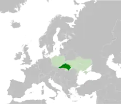 Galicia (dark green) superimposed on modern-day Poland and Ukraine (light green)