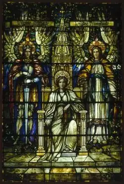 Religion Enthroned, J&R Lamb Studios, designer Frederick Stymetz Lamb (c. 1900). Brooklyn Museum. This piece features symmetrical design, "Aesthetic Style", a limited palette and extensive use of mottled glass.