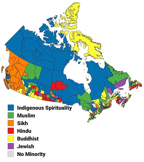 Largest non-Christian religion in Canada by census division, 1991 census