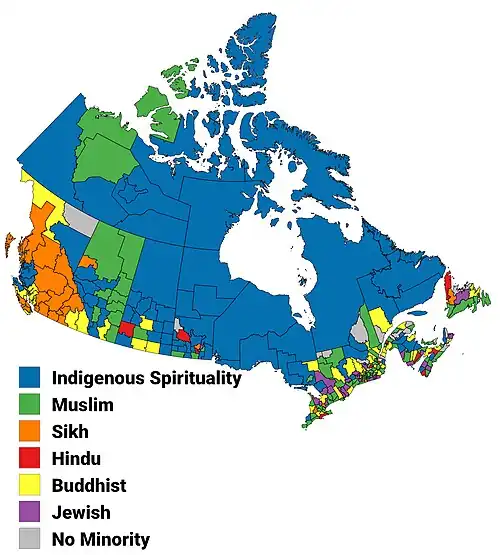Largest non-Christian religion in Canada by census division, 2001 census