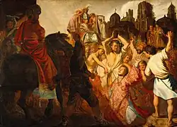 The Stoning of Saint Stephen (1625), Rembrandt's first painting completed at the age of 19,[171] Musée des Beaux-Arts de Lyon.