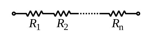 Circuit diagram of several resistors, labelled R1, R2 ... Rn, connected end to end