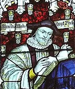 Hakluyt depicted in stained glass in the west window of the south transept of Bristol Cathedral, by Charles Eamer Kempe, c. 1905