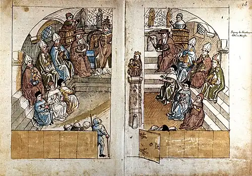 A pope and about a dozen bishops sitting in a large room.