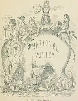 A group of men sitting on an elephant. The elephant has the phrase "National Policy" on their side