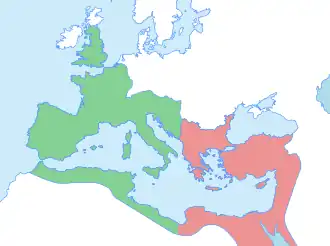 A map showing the Western and Eastern Roman empires c. 395, divided in the Balkans and North Africa