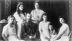 Black-and-white photograph of Nicholas II and family