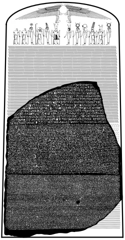 "Image of the Rosetta Stone set against a reconstructed image of the original stele it came from, showing 14 missing lines of hieroglyphic text and a group of Egyptian deities and symbols at the top"