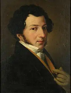 Oil painting of head and torso of Rossini with medium length dark hair