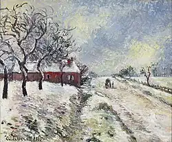 Route Enneigée avec maison, environs d'Éragny, 1885. Private Collection, Germany. Courtesy of Stern Pissarro Gallery. [70]