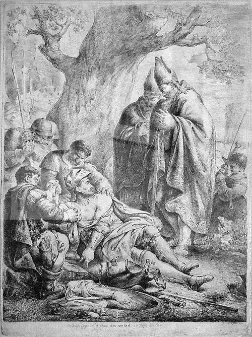 Rudolf is depicted as a bearded middle-aged man on the ground before two bishops