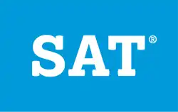 The word "SAT" and the symbol '®' are written in white on a background colored a Rich Electric Blue. The font is Minion Pro Bold.