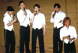 SMAP on tour in 2008, from Left to Right: Masahiro Nakai, Shingo Katori. Tsuyoshi Kusanagi, Goro Inagaki, Takuya Kimura