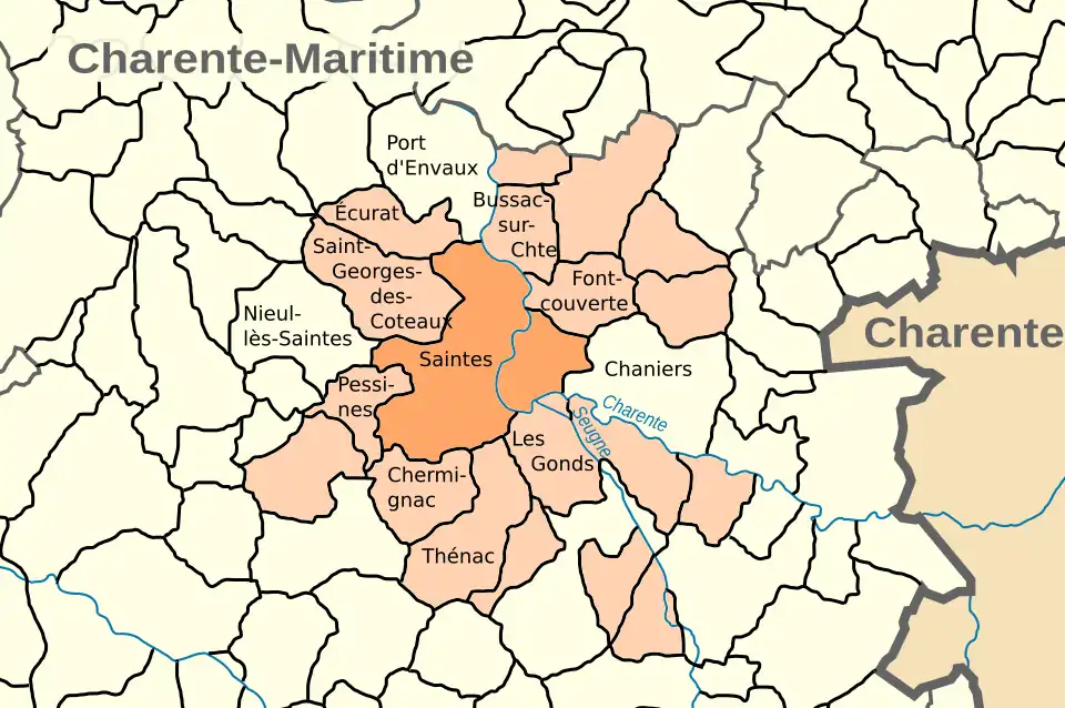 Map showing Saintes and its neighbouring communes