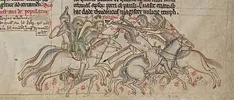 A drawing depicting fighting horsemen, with one of them holding a large cross