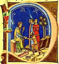 Solomon is bearded and bald. Henry, also bearded, sits on a throne and wears a crown.