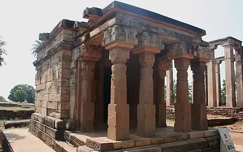 A tetrastyle prostyle Gupta period temple at Sanchi besides the Apsidal hall with Maurya foundation, an example of Buddhist architecture and Hindu architecture.[179][failed verification][180][181] 5th century CE.