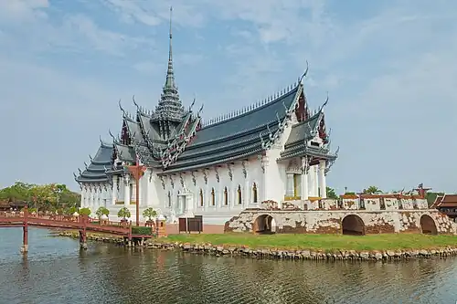 Replica of Sanphet Prasat Palace at Ancient Siam in Samut Prakan. Reconstructed from archaeological and historical evidence, the original hall served as Ayutthaya's administrative.