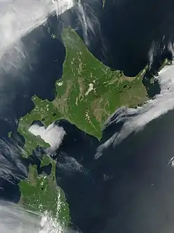 A satellite image of Hokkaido by Terra, May 2001