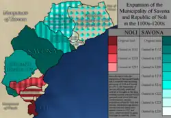 A map showing the expansion of the Municipality of Savona and Republic of Noli during the 1100s and 1200s. Sources are listed in the image's description.