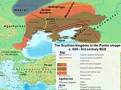 The maximum extent of the Scythian kingdom in the Pontic steppe