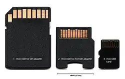 MicroSD-to-SD adapter (left), microSD-to-miniSD adapter (middle), microSD card (right)