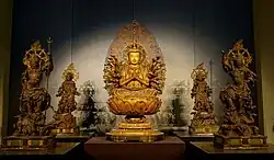 Nanbokuchō period (1336-1392) statues of Senjū Kannon with the Four Heavenly Kings flanking her. Held at the Tokyo National Museum in Tokyo, Japan.