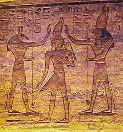Relief of Ramses II (ruled 1279 - 1213 BCE) with Horus (on right in photo) and Set in the Small Temple at Abu Simbel