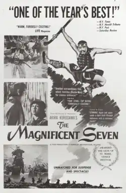 American poster showing the title 'The Magnificent Seven' with scenes from the film, including quotes from newspapers calling it one of the year's best films
